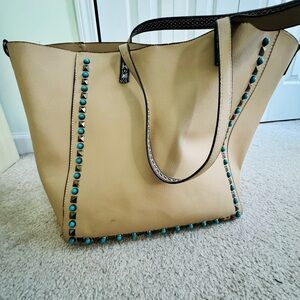 Tan and Blue Tote Bag with Studded Embellishments